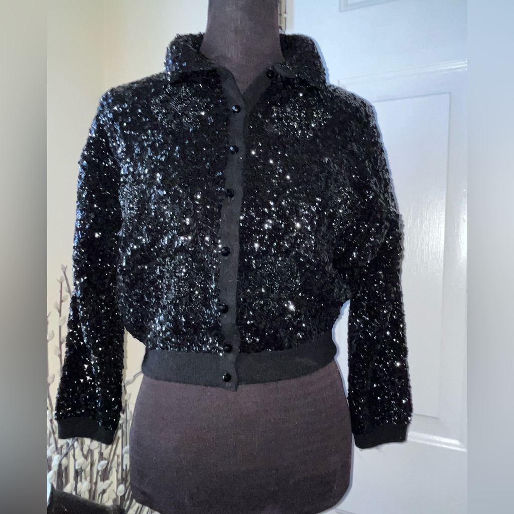 Vintage Cashmere Black Sequin Crop Cardigan Sweater.